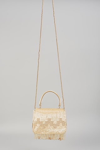 Champagne Beige Satin Hand Embroidered Trapezium Mini Bag by Lovetobag