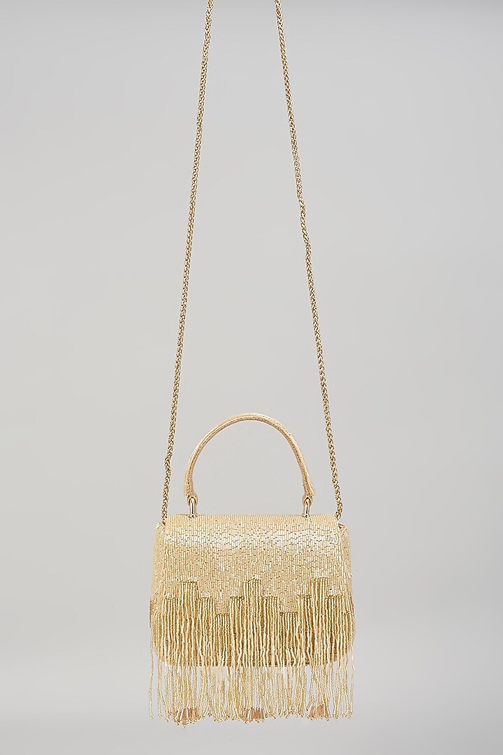 Champagne Beige Satin Hand Embroidered Trapezium Mini Bag by Lovetobag at Pernia's Pop Up Shop