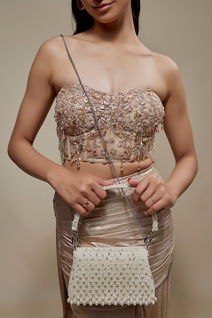 Pristine Ivory Satin Crystal Hand Embroidered Hand Bag by Lovetobag at Pernia's Pop Up Shop