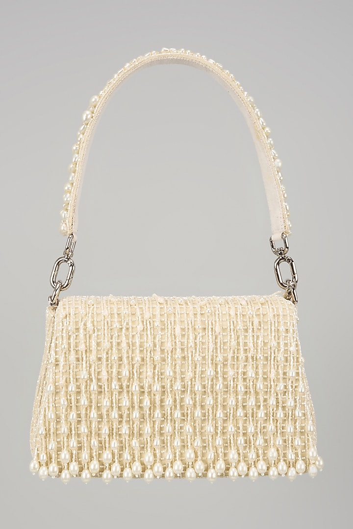 Pristine Ivory Satin Crystal Hand Embroidered Hand Bag by Lovetobag at Pernia's Pop Up Shop