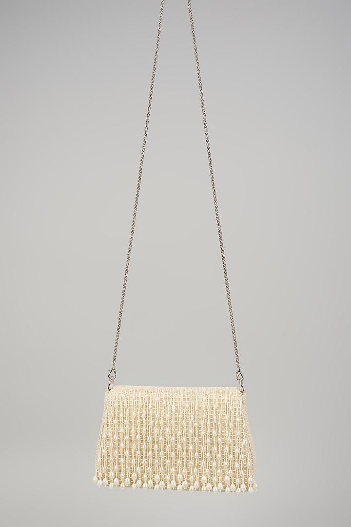 Pristine Ivory Satin Crystal Hand Embroidered Hand Bag by Lovetobag at Pernia's Pop Up Shop
