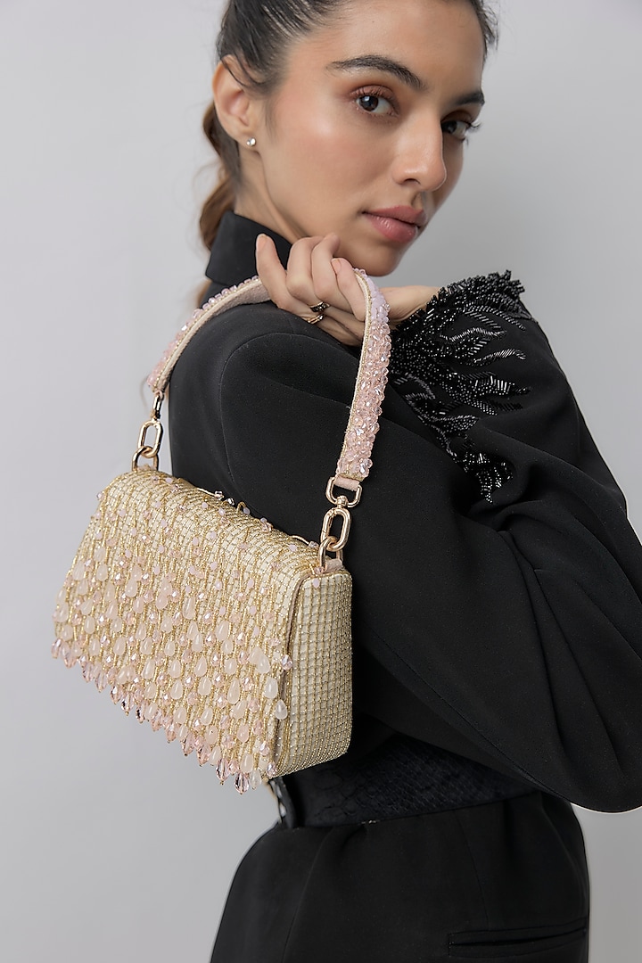 Rose Pink Satin Crystal Hand Embroidered Trapezium Bag by Lovetobag at Pernia's Pop Up Shop