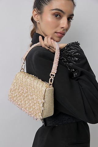 Rose Pink Satin Crystal Hand Embroidered Trapezium Bag by Lovetobag
