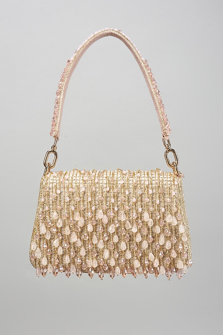 Rose Pink Satin Crystal Hand Embroidered Trapezium Bag by Lovetobag at Pernia's Pop Up Shop