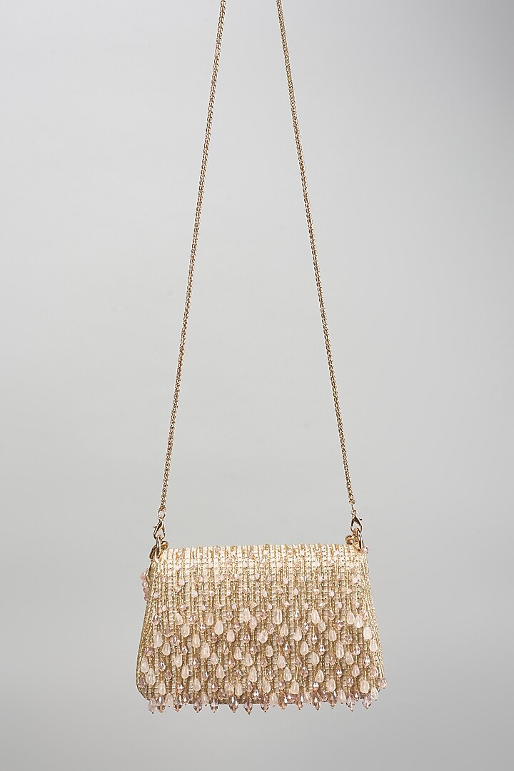 Rose Pink Satin Crystal Hand Embroidered Trapezium Bag by Lovetobag at Pernia's Pop Up Shop