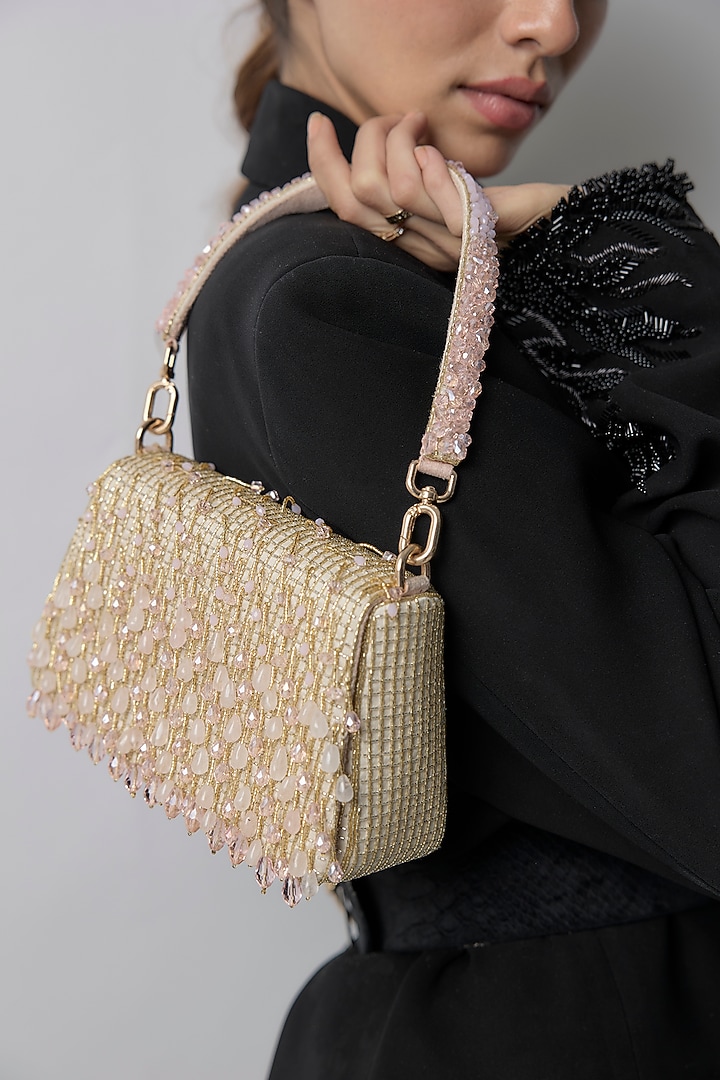 Rose Pink Satin Crystal Hand Embroidered Trapezium Bag by Lovetobag at Pernia's Pop Up Shop