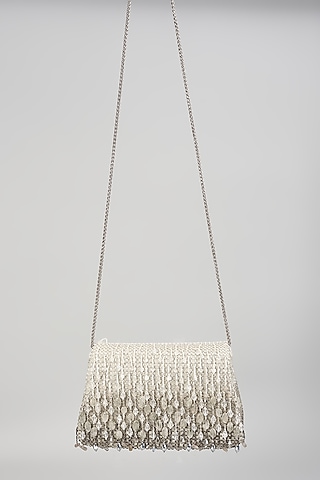 Silver Satin Hand Embroidered Trapezium Hand Bag by Lovetobag
