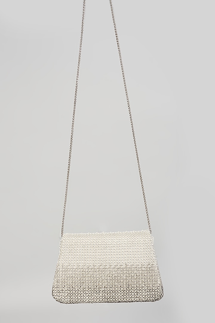 Silver Satin Hand Embroidered Trapezium Hand Bag by Lovetobag at Pernia's Pop Up Shop