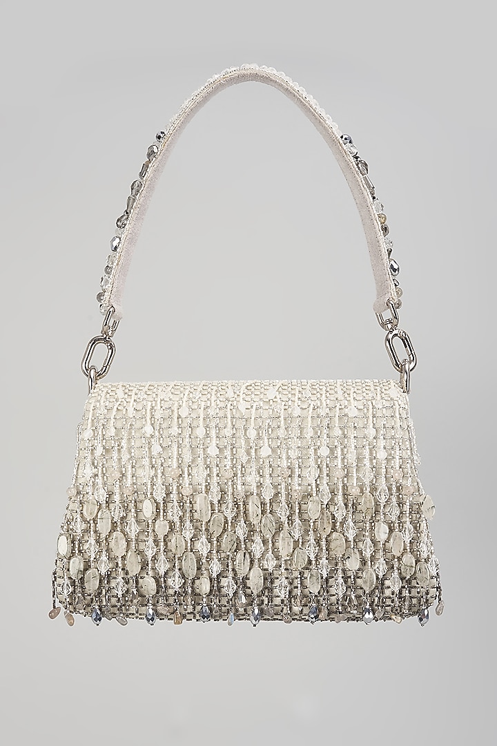 Silver Satin Hand Embroidered Trapezium Hand Bag by Lovetobag at Pernia's Pop Up Shop