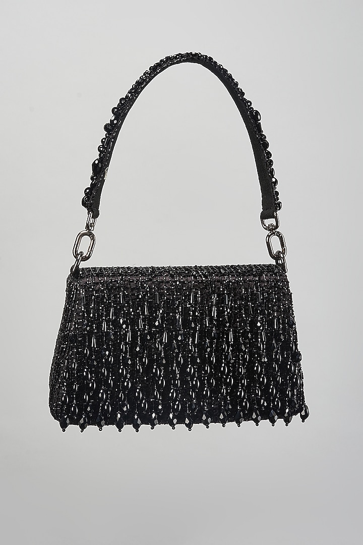 Black Satin Semi-Precious Gem & Crystal Work Trapezium Bag by Lovetobag at Pernia's Pop Up Shop