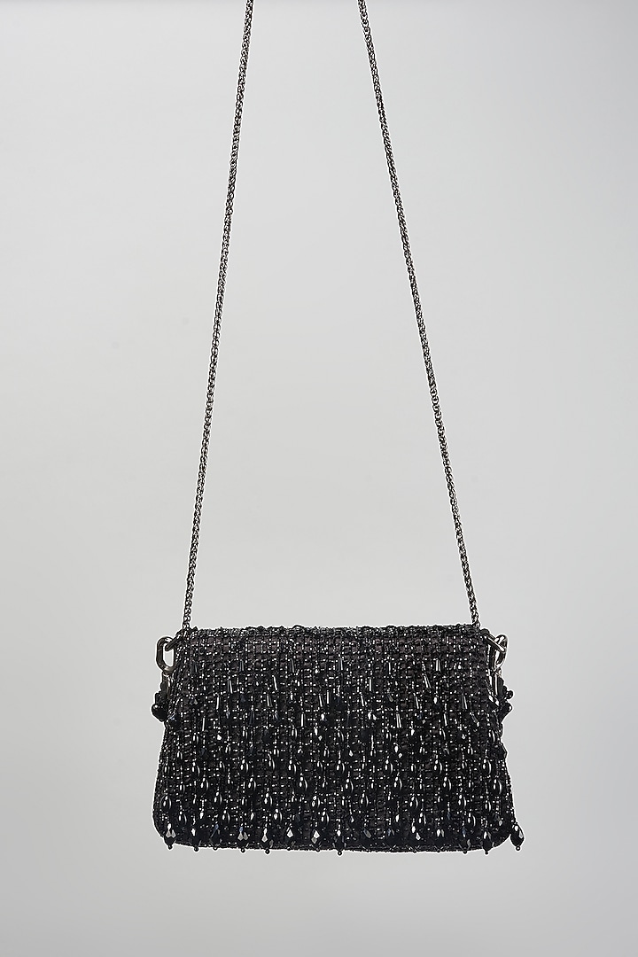 Black Satin Semi-Precious Gem & Crystal Work Trapezium Bag by Lovetobag at Pernia's Pop Up Shop