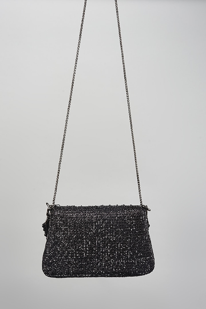 Black Satin Semi-Precious Gem & Crystal Work Trapezium Bag by Lovetobag at Pernia's Pop Up Shop