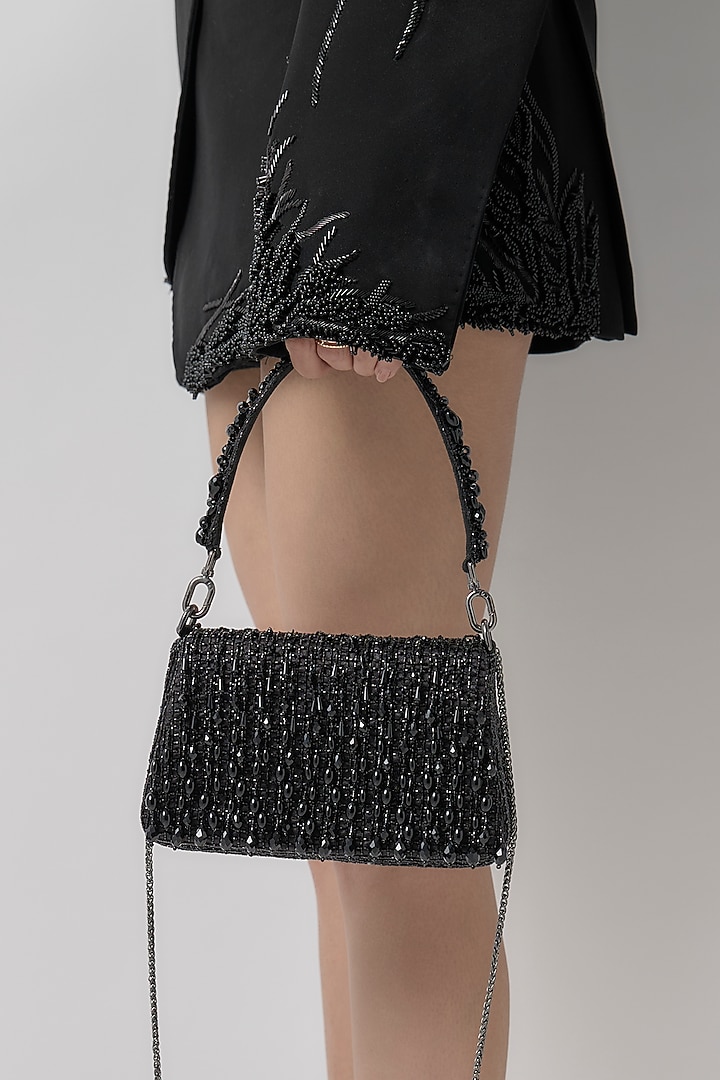 Black Satin Semi-Precious Gem & Crystal Work Trapezium Bag by Lovetobag at Pernia's Pop Up Shop