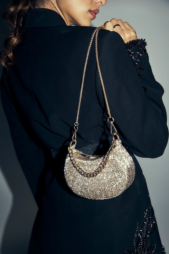 Rose Gold Satin Rhinestone Hand Embroidered Clutch by Lovetobag at Pernia's Pop Up Shop