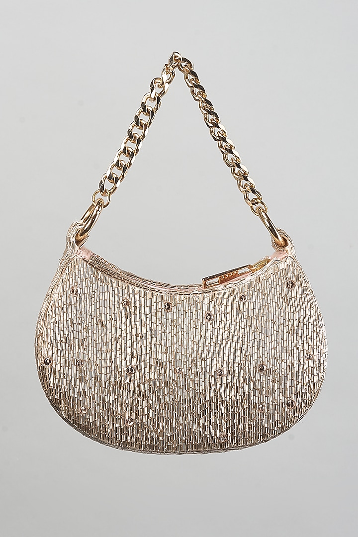 Rose Gold Satin Rhinestone Hand Embroidered Clutch by Lovetobag at Pernia's Pop Up Shop