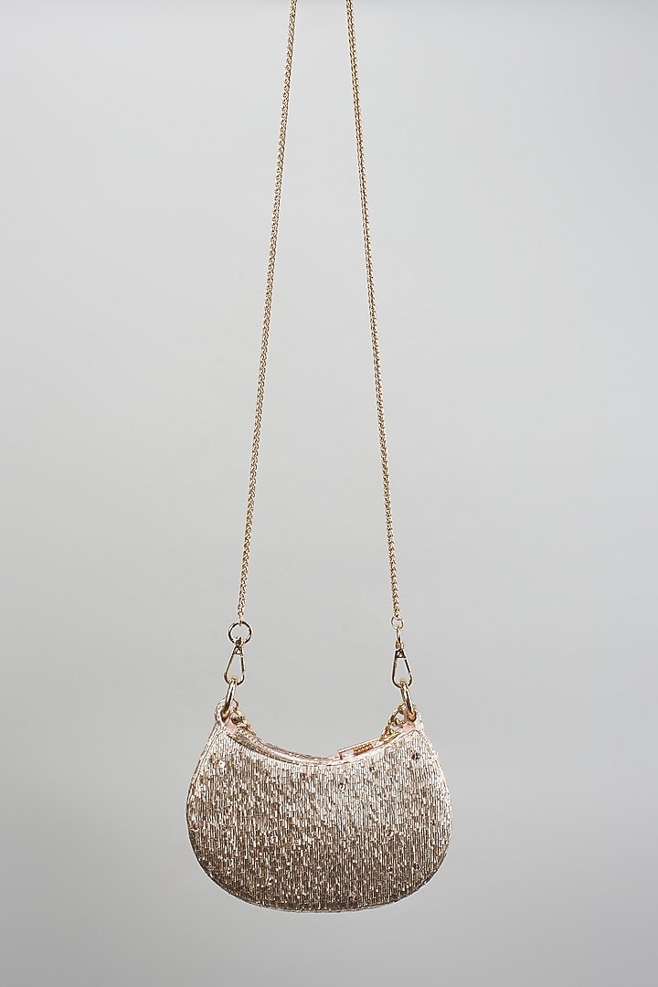 Rose Gold Satin Rhinestone Hand Embroidered Clutch by Lovetobag at Pernia's Pop Up Shop