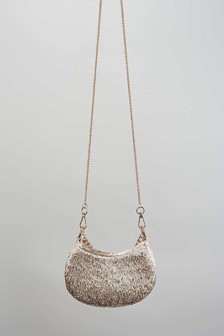 Rose Gold Satin Rhinestone Hand Embroidered Clutch by Lovetobag at Pernia's Pop Up Shop