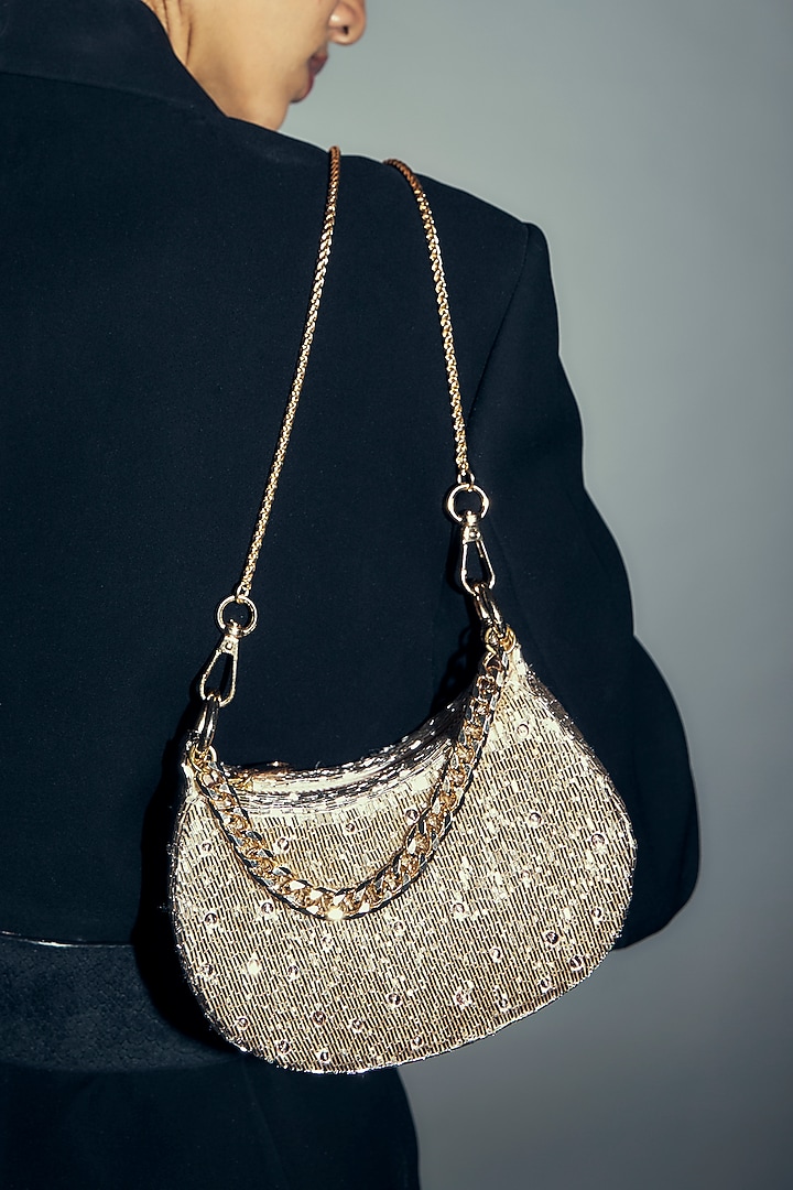 Rose Gold Satin Rhinestone Hand Embroidered Clutch by Lovetobag at Pernia's Pop Up Shop