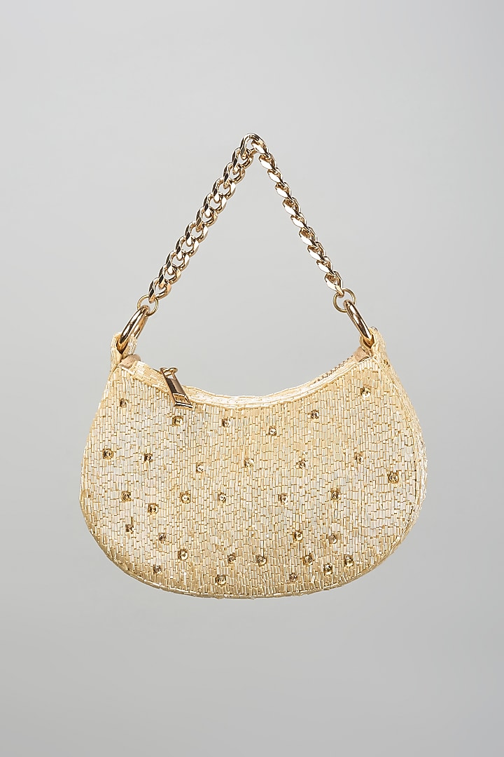 Rose Gold Satin Rhinestone Hand Embroidered Clutch by Lovetobag at Pernia's Pop Up Shop