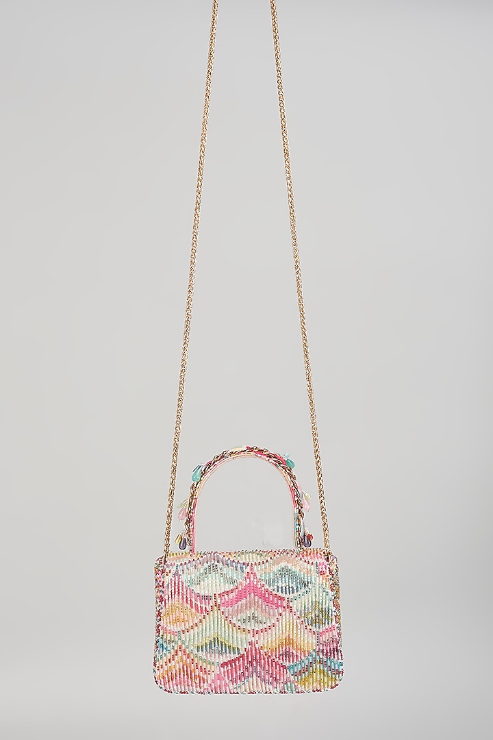 Gold Georgette Embroidered Trapezium Mini Clutch by Lovetobag at Pernia's Pop Up Shop