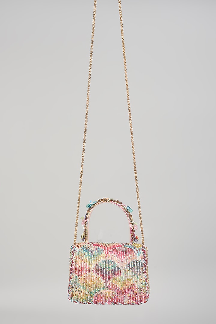 Gold Georgette Embroidered Trapezium Mini Clutch by Lovetobag at Pernia's Pop Up Shop