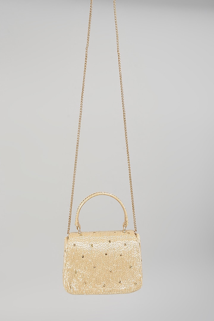 Champagne Satin Crystal Hand Embroidered Mini Bag by Lovetobag at Pernia's Pop Up Shop