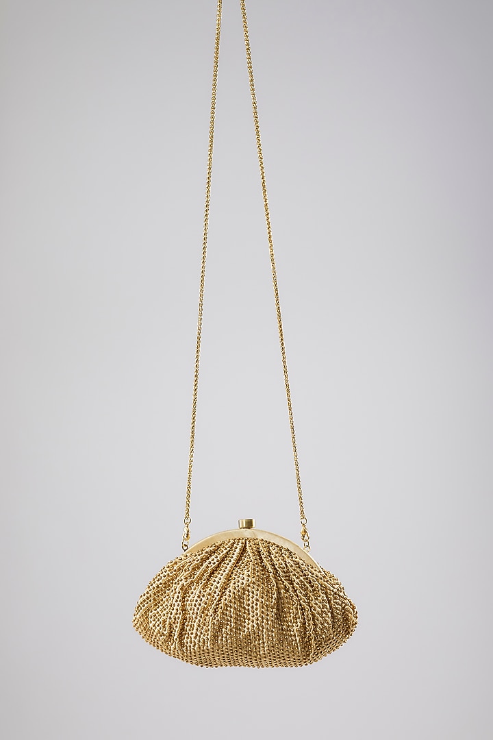 Gold Satin Metal Beads Hand Embroidered Pouch Bag by Lovetobag at Pernia's Pop Up Shop