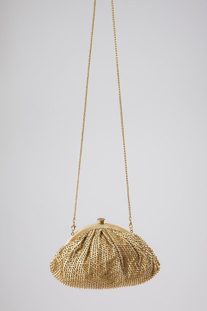 Gold Satin Metal Beads Hand Embroidered Pouch Bag by Lovetobag at Pernia's Pop Up Shop