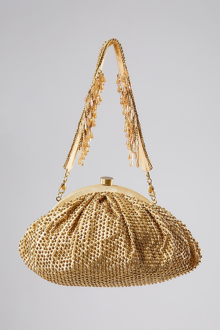 Gold Satin Metal Beads Hand Embroidered Pouch Bag by Lovetobag at Pernia's Pop Up Shop