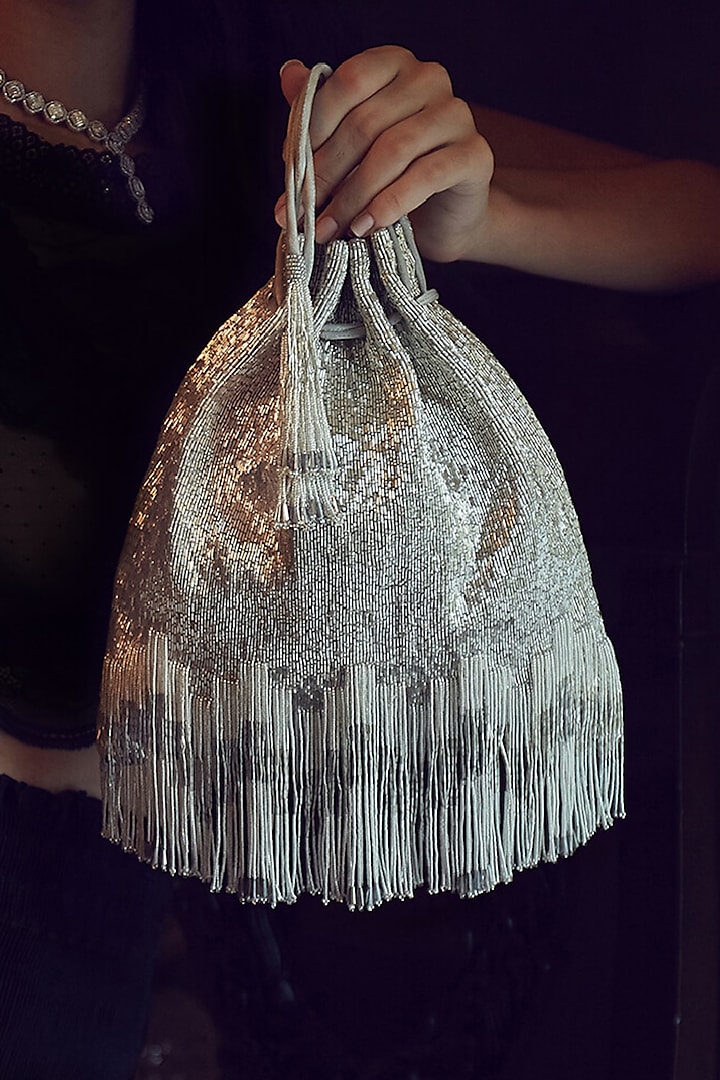 Lustrous Silver Hand Embroidered Potli by Lovetobag at Pernia's Pop Up Shop