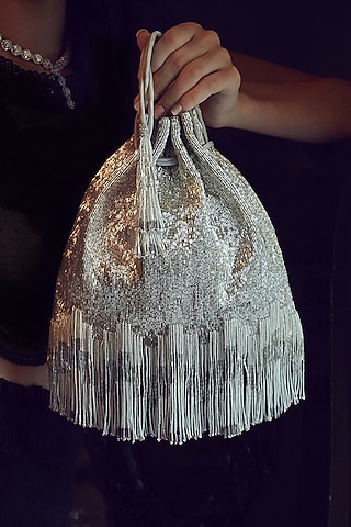 Lustrous Silver Hand Embroidered Potli by Lovetobag