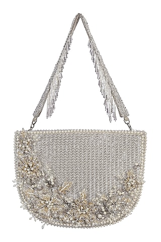 Ivory Satin Pearl Embellished Hand Bag by Lovetobag