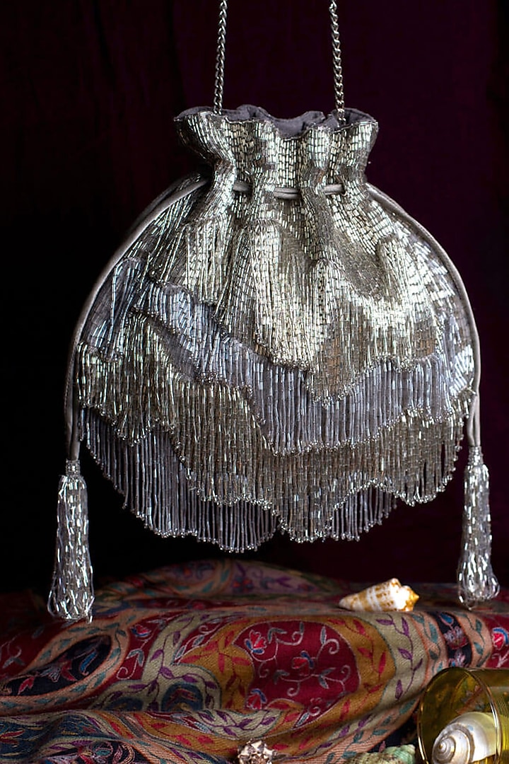 Lustrous Silver Embroidered Potli by Lovetobag at Pernia's Pop Up Shop