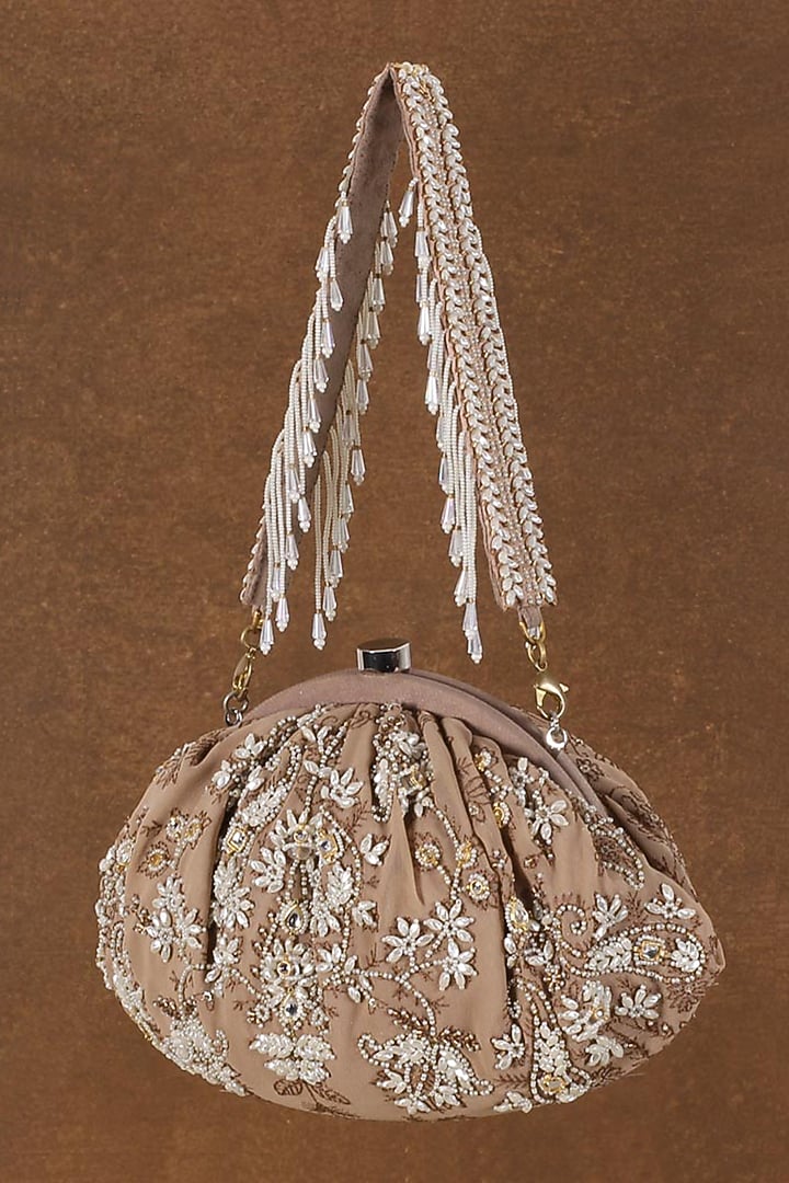 Nude Hand Embroidered Regal Pouch by Lovetobag at Pernia's Pop Up Shop