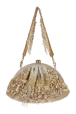 Gold & Silver Bugle Bead Embroidered Pouch by Lovetobag