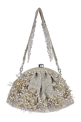 Silver Satin Embellished Pouch by Lovetobag
