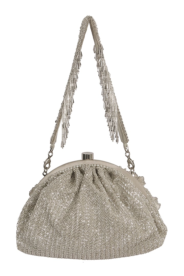 Silver Satin Embellished Pouch by Lovetobag at Pernia's Pop Up Shop