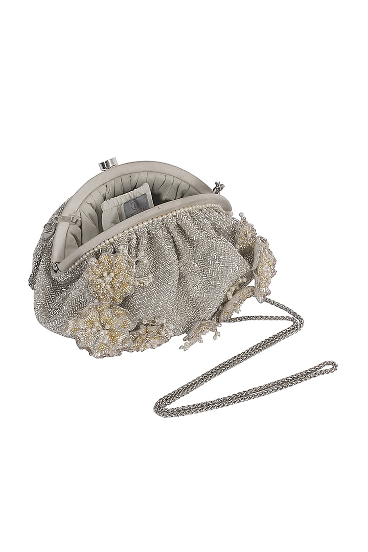 Silver Satin Embellished Pouch by Lovetobag at Pernia's Pop Up Shop