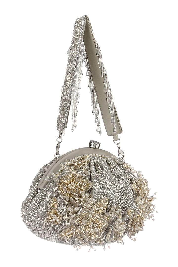 Silver Satin Embellished Pouch by Lovetobag at Pernia's Pop Up Shop