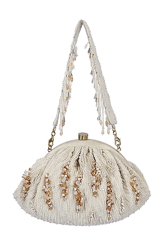 Ivory Satin Embellished Pouch by Lovetobag