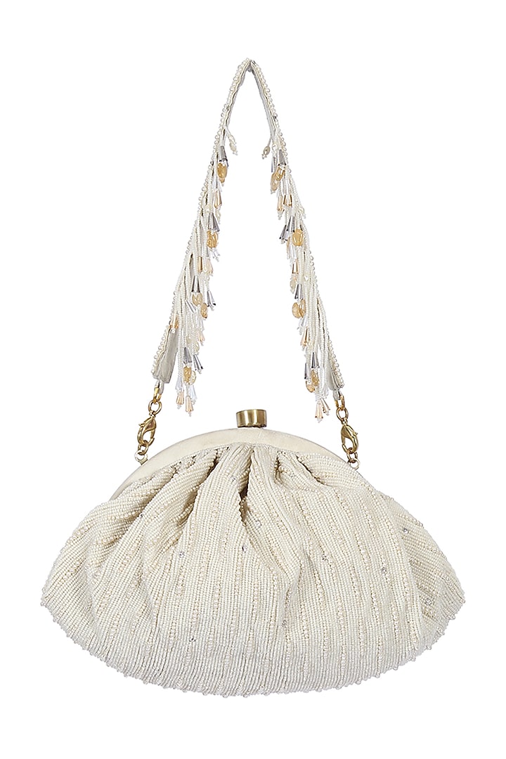 Ivory Satin Embellished Pouch by Lovetobag at Pernia's Pop Up Shop