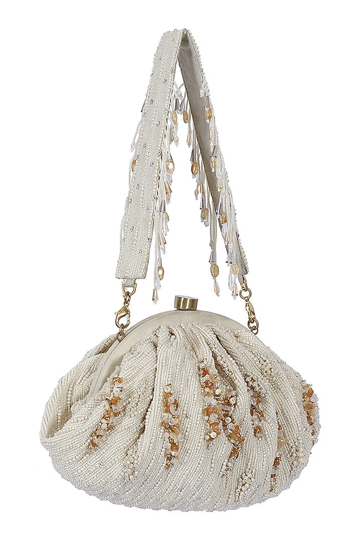 Ivory Satin Embellished Pouch by Lovetobag at Pernia's Pop Up Shop