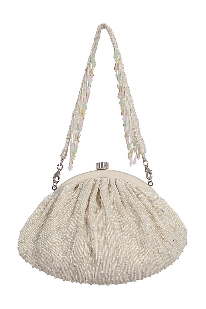 Ivory Satin Crystal Embellished Pouch by Lovetobag at Pernia's Pop Up Shop