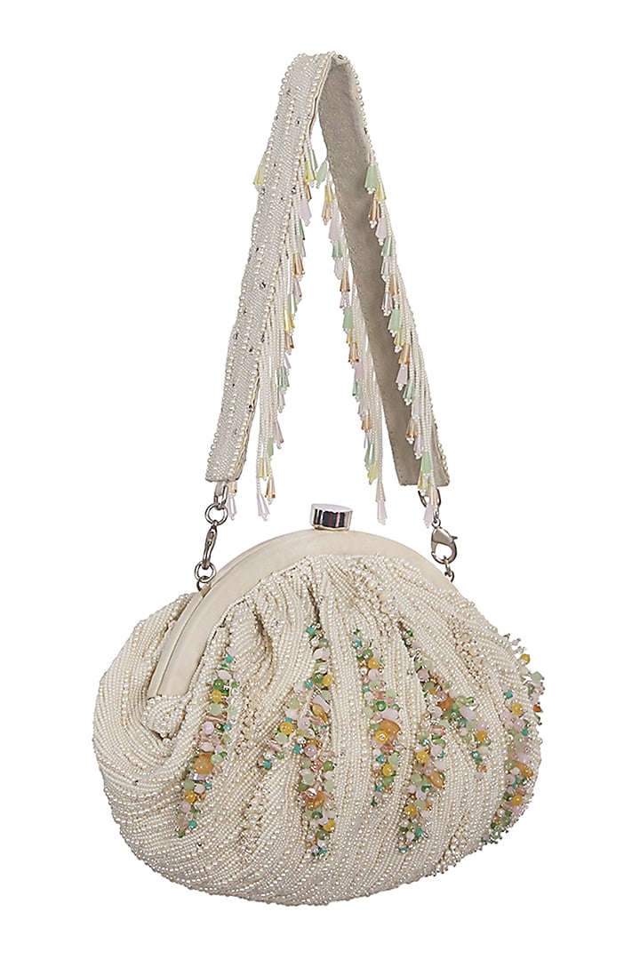 Ivory Satin Crystal Embellished Pouch by Lovetobag at Pernia's Pop Up Shop