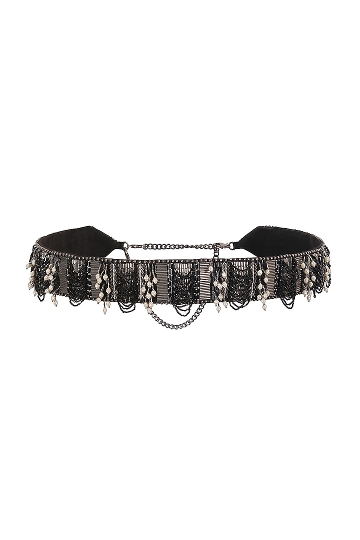 Black Satin Hand Embroidered Waist Belt by Lovetobag