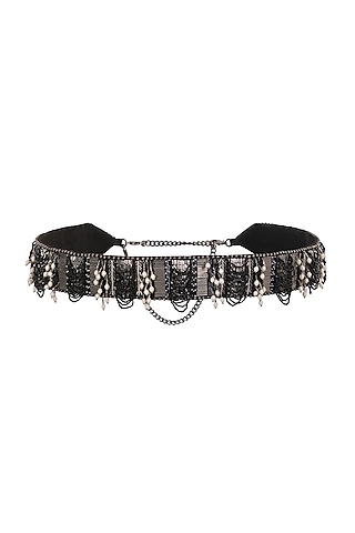 Black Satin Hand Embroidered Waist Belt by Lovetobag