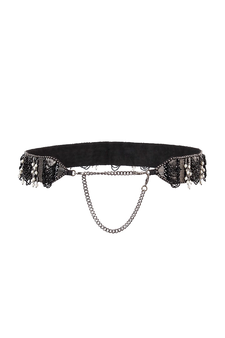 Black Satin Hand Embroidered Waist Belt by Lovetobag at Pernia's Pop Up Shop