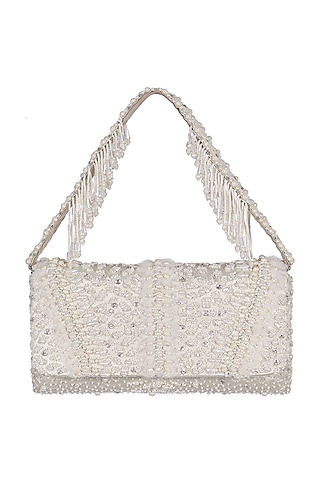 Ivory Embellished Flapover Clutch by Lovetobag