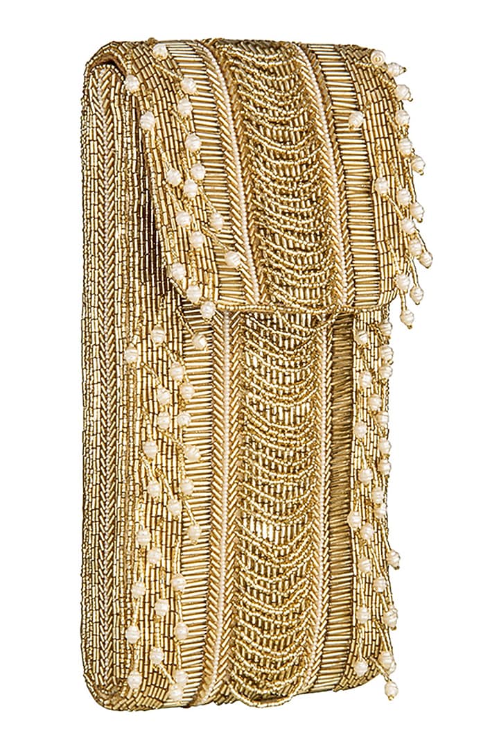 Gold Embellished Fringed Mobile Pouch by Lovetobag at Pernia's Pop Up Shop