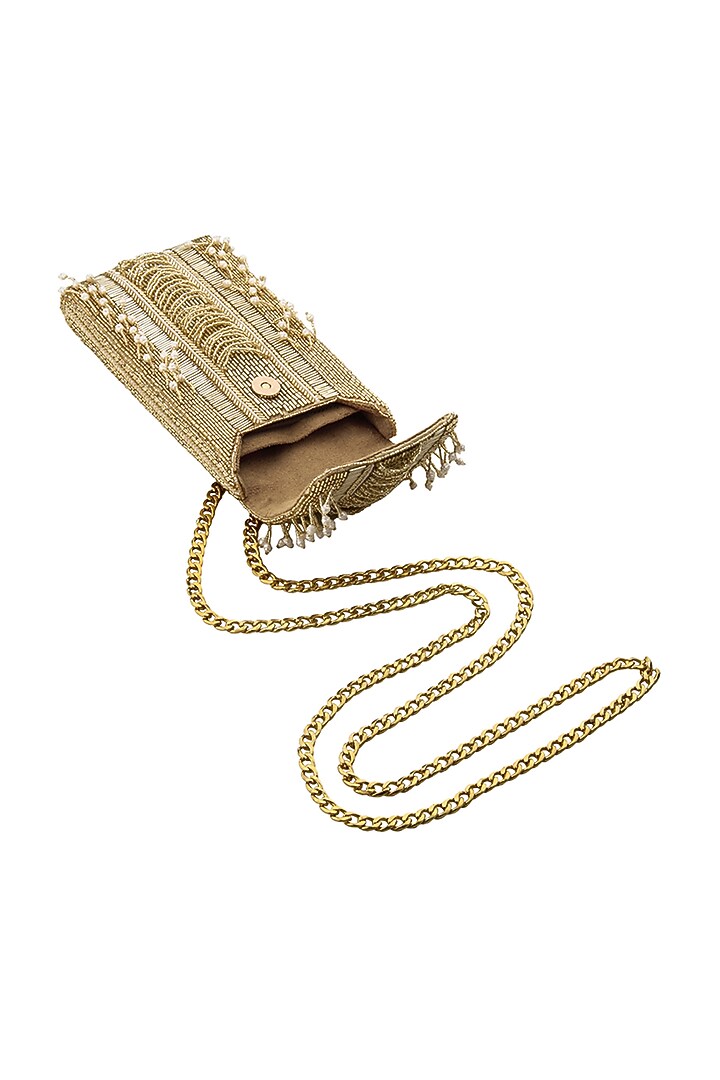 Gold Embellished Fringed Mobile Pouch by Lovetobag at Pernia's Pop Up Shop